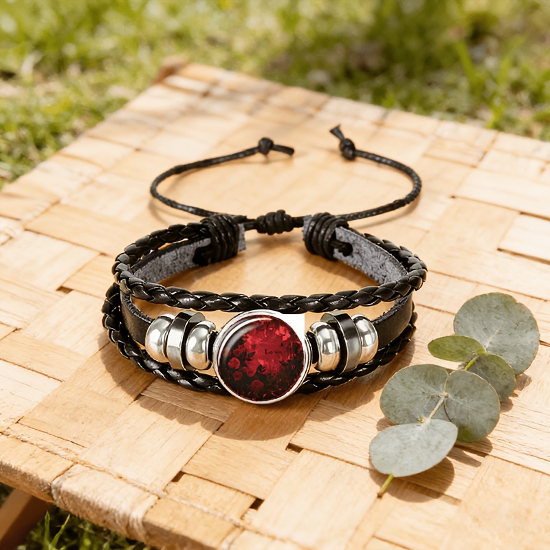 Black Woven Bracelet Bangle with Roses and 'LOVE'